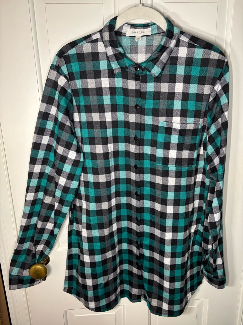 Eden & Olivia Teal Black White Plaid Buffalo Check Button Down Long Sleeve Shirt